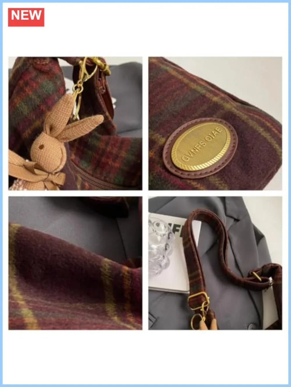 Plaid Wool Blend Hobo Shoulder Bag with Rabbit Charm
